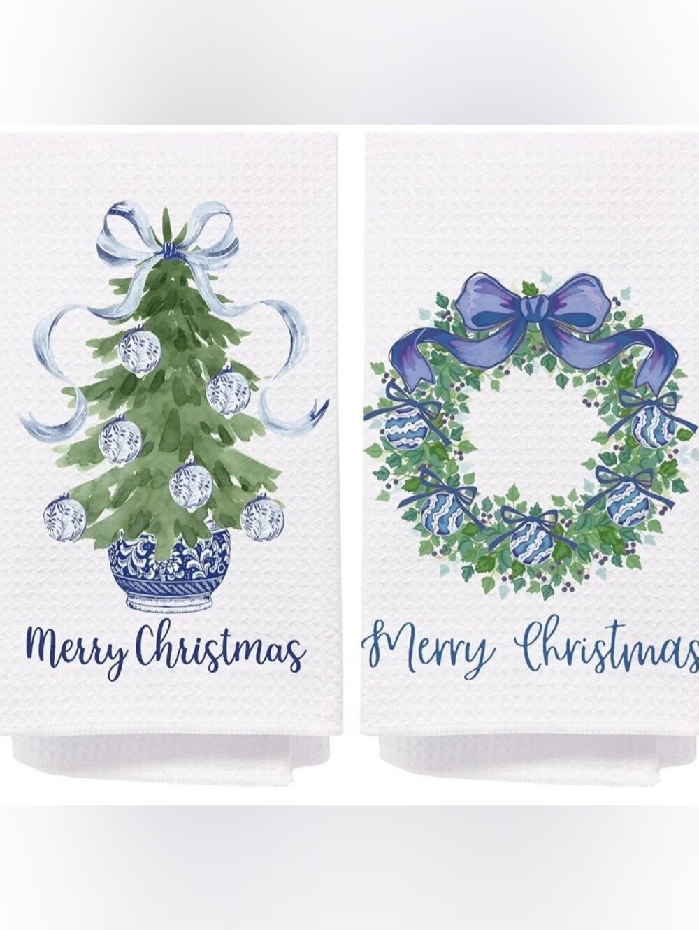 Towels Holiday Tree and Wreath Kitchen Or Face Set Blue Quality